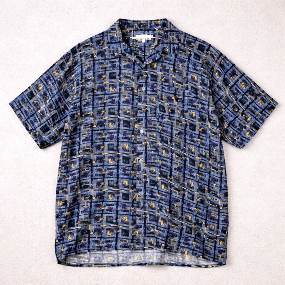 Vintage Camp Shirt Mens Medium Blue Abstract Print Rayon 80s Direction Vacation - Picture 1 of 9